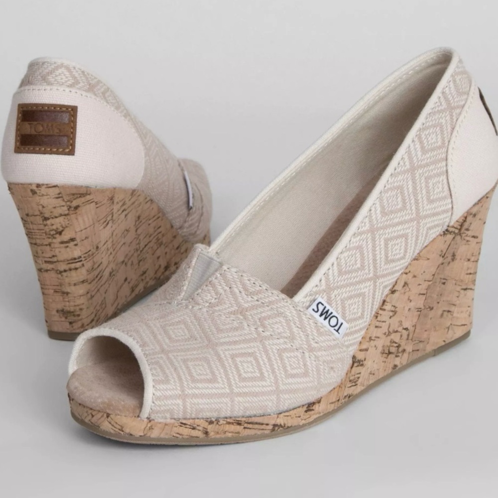 Toms Stella Open Toe Wedges in Natural Yarn Dye Diamond Pattern